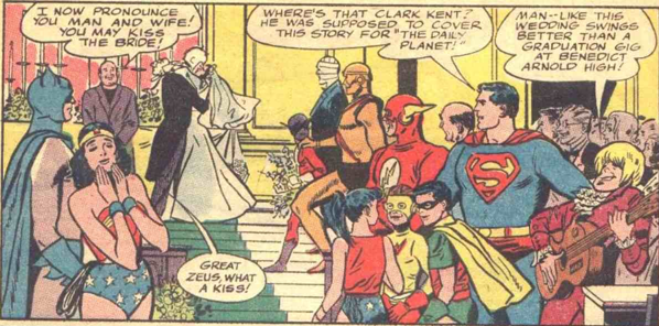 That guy in the lower right corner intrigues me.  Who invited him?  Oh, and Superman, you aren't fooling anybody.